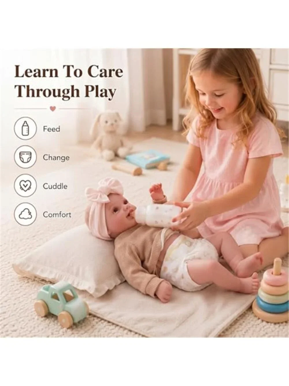 17 Inch Reborn Baby Doll Smiling Girl Soft Body Pacifier Bottle Rattles Set